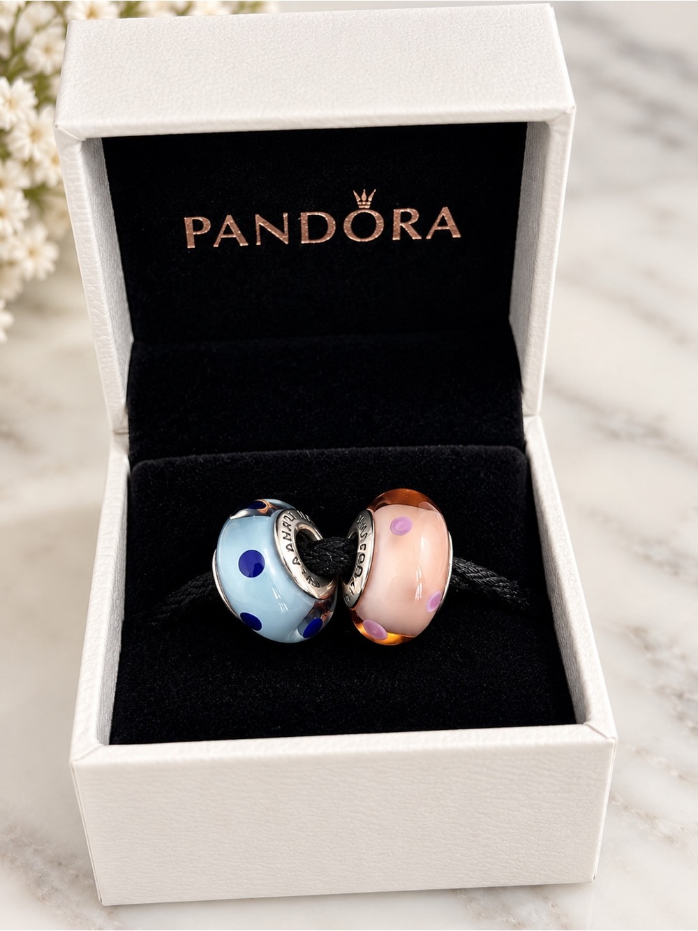 Authentic Pandora Sterling Silver and Glass Charm Set with Box